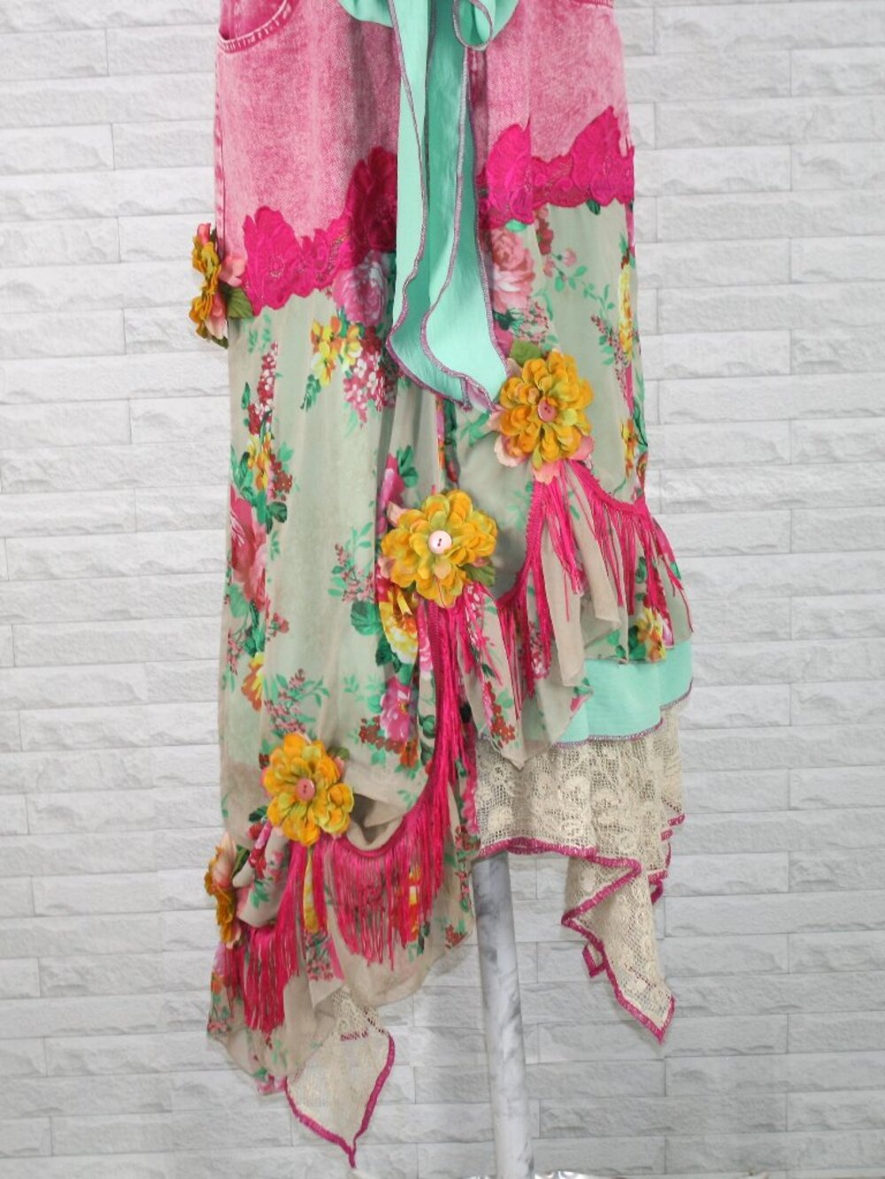 HAND CRAFTED Overalls Denim Jean Dress Upcycled Retro Boho Floral Pink Large - Picture 3 of 16
